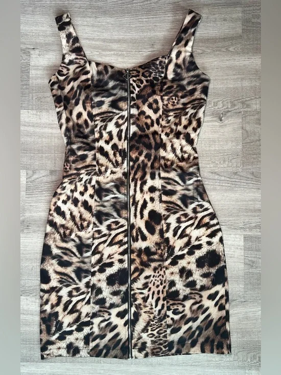 STUDIO F Leopard Print Zip-Front Mini Dress - Brown - Picture 3 of 14